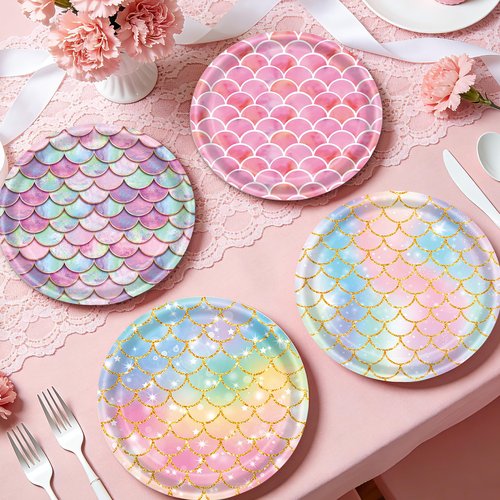 48 Pieces Mermaid Paper Plates Birthday Party Supplies, 7 Inch Mermaid Disposable Plate, Ocean Theme Cake Dessert Plates for Baby Shower Brial Shower Ocean Birthday Party Decorations (6 Designs)