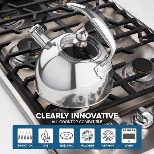 Viking 3-Ply Stainless Steel Tea Kettle, 2.6 Quart Stovetop Hot Water Pot with Tempered Glass Lid, Ergonomic Handle, Induction Ready, Satin Silver