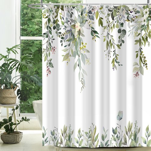 CTOTSYC Eucalyptus Shower Curtains for Bathroom, Sage Green Watercolor Leaves with Floral Shower Curtain Sets with Hooks, Waterproof Fabric Botanical Bathroom Decor, 72x72 Inches