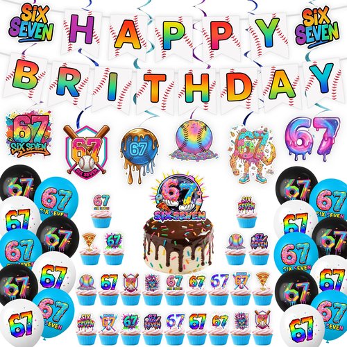 6 7 Birthday Decorations, 67 Meme Themed Birthday Decorations Set Includes Happy Birthday Banner, Large Cake Topper, 24 x Cupcake Toppers, 18 x Ballons, 6 x Hanging Spinners