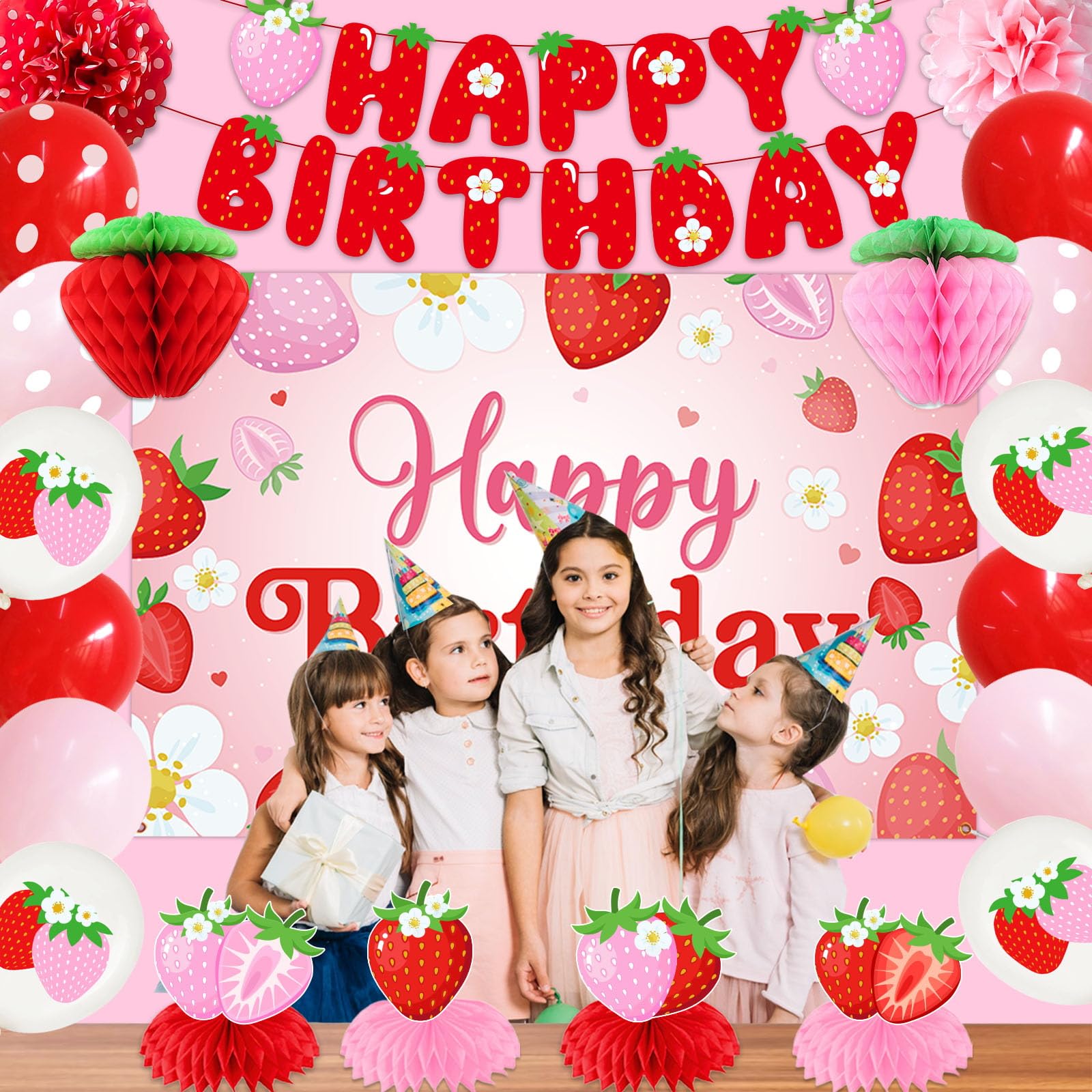 Strawberry Birthday Party Decorations with Strawberry Birthday Banner, Backdrop, Cake Topper, Balloons, Honeycombs, Hanging Swirls, Paper Fans & Pompoms