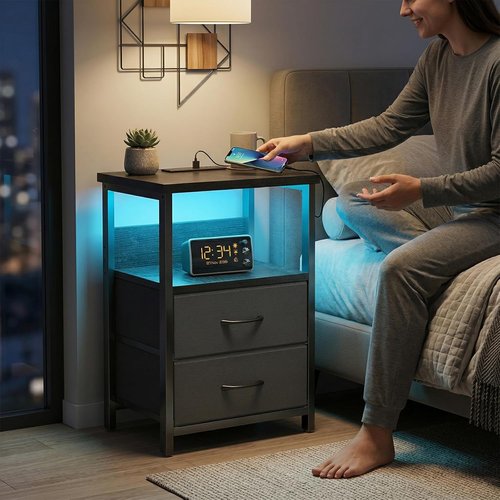 Fixwal Night Stand - LED Nightstand with Charging Station & USB Ports, Modern Black with 2 Fabric Drawers