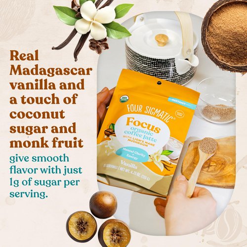 Four Sigmatic Vanilla Focus Mushroom Coffee Latte Plant-Based Organic Instant Latte with Lion’s Mane Mushroom for Focus and Mental Clarity Made With Just 6 Organic Ingredients 4.23 oz Bag
