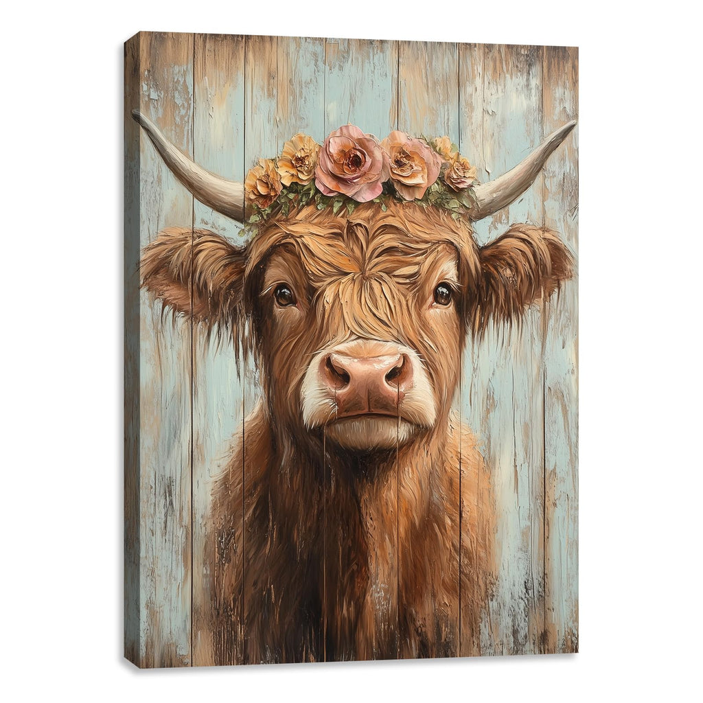 Highland Cow Canvas Wall Art for Living Room Rustic Farmhouse Picture Animal Print Painting Highland Cattle Flower Wall Decor Framed Artwork for Bedroom Office 24L x 18W