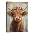 Highland Cow Canvas Wall Art for Living Room Rustic Farmhouse Picture Animal Print Painting Highland Cattle Flower Wall Decor Framed Artwork for Bedroom Office 24L x 18W