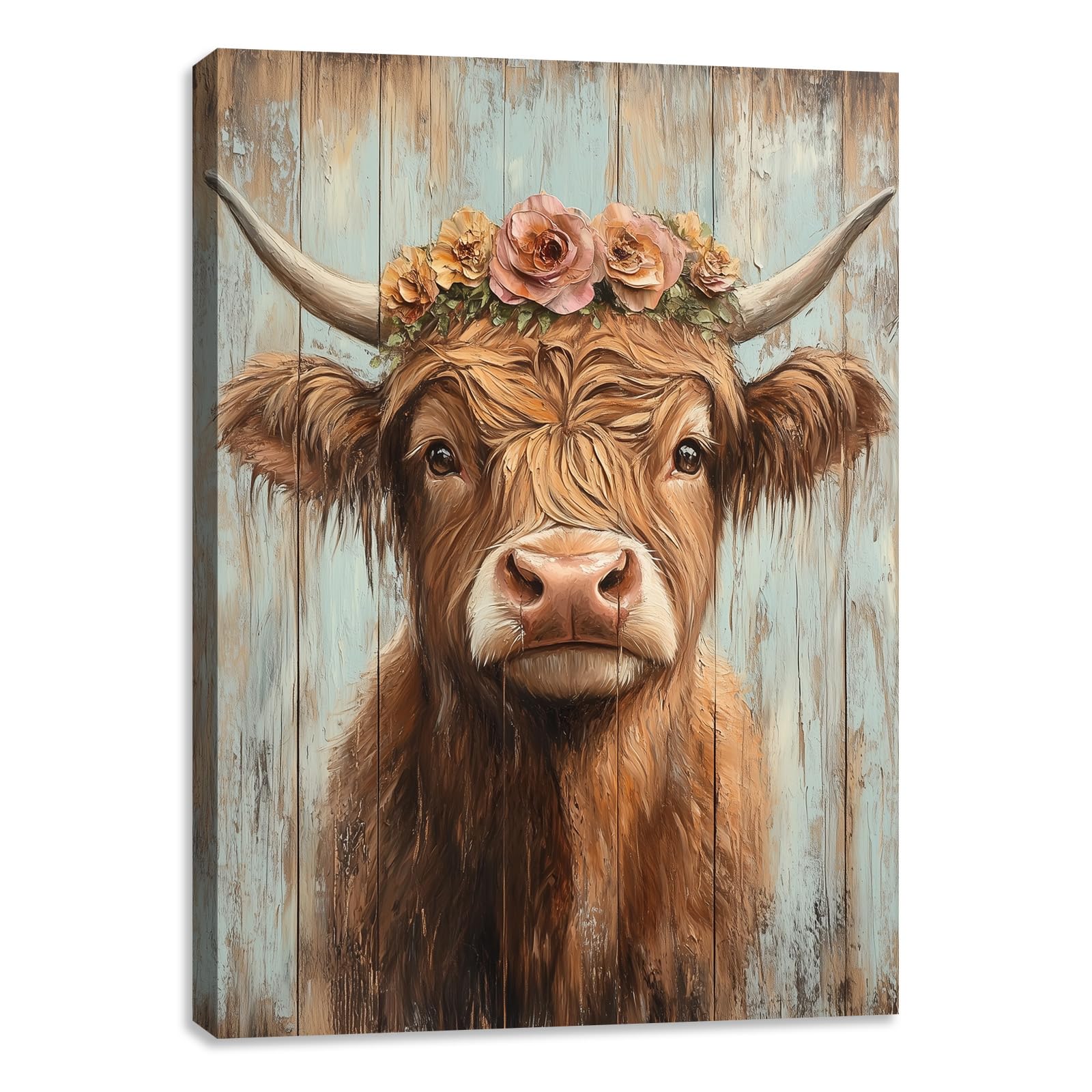 Highland Cow Canvas Wall Art for Living Room Rustic Farmhouse Picture Animal Print Painting Highland Cattle Flower Wall Decor Framed Artwork for Bedroom Office 24L x 18W