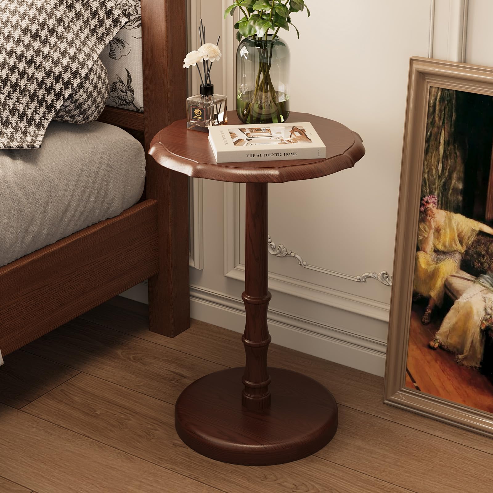 NKGIAG 100% Solid Wood Round Pedestal Side Table, Vintage End Table for Living Room Bedroom, Heavy-Duty Antique Accent Table for Corner Spaces, Small Bedside Nightstand, 5-Min Assembly, Walnut