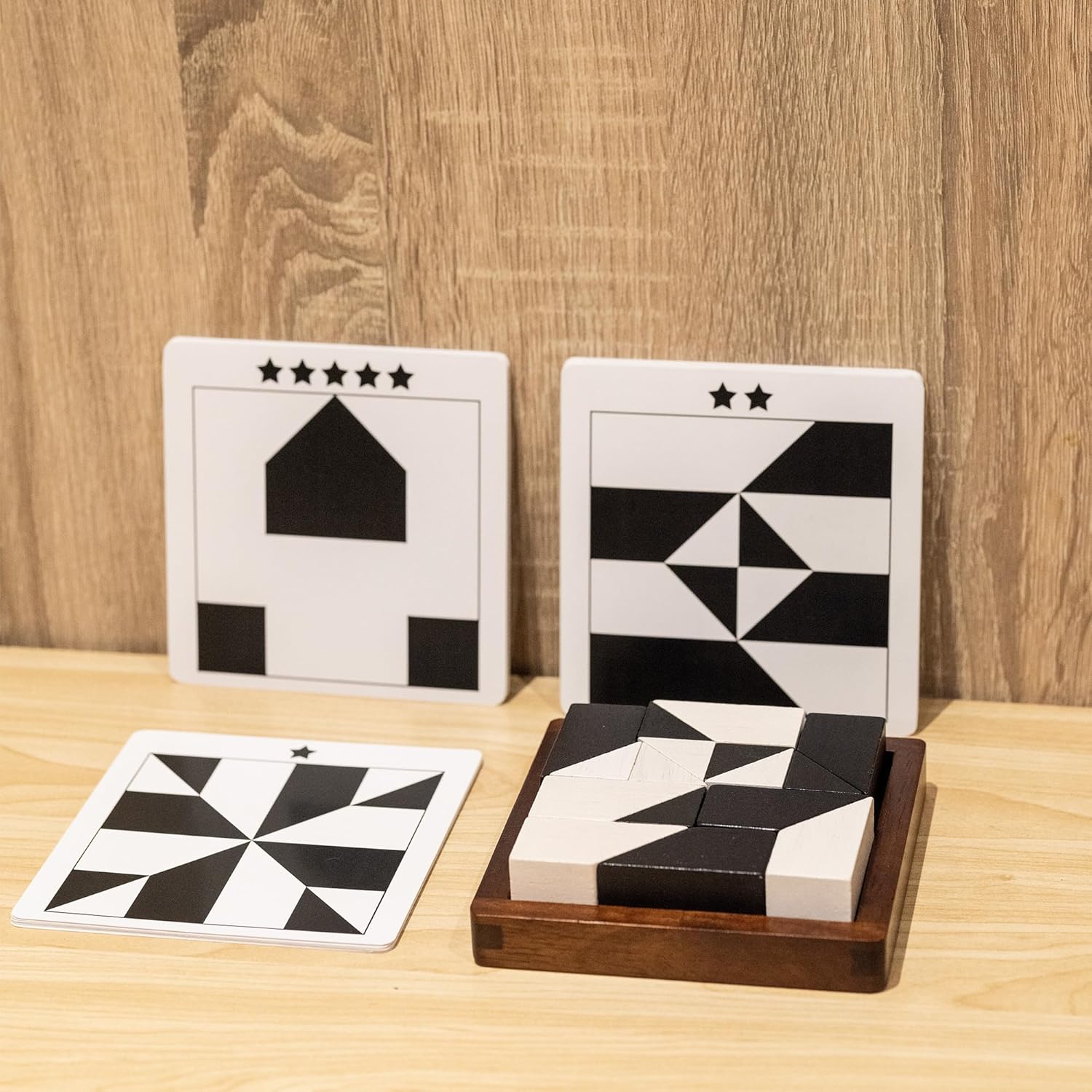 Wooden Hidden Blocks Puzzle Game - 80 Brain Challenges with Solid Wood Box | Deluxe Black & White Pieces