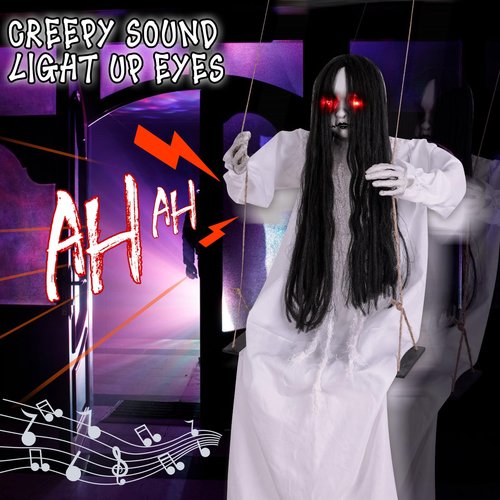 Halloween Decorations Outdoor, Scary Hanging Swinging Girl Props Sound & Slap Activated with Creepy Sound Expressions Light Up Eyes, Halloween Outside Ghosts for Haunted House Yard Lawn Decor