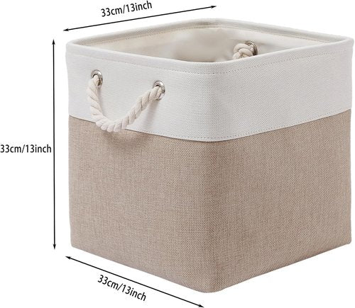 MidmmVick Cube Storage Bins - 13 x 13 Inch Collapsible Fabric Bins, 4 Pack for Home & Office (White & Beige)