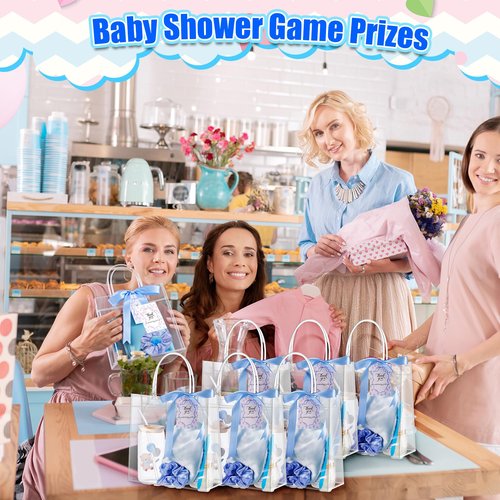 Reallnaive 43 Pcs Baby Shower Prizes for Player Winner Wedding Bridal Shower Favor Gifts Including Glass Cups Aromatherapy Candle Eye Mask Hair Band Greeting Card Pen Ribbon Gift Bag(Bear Style,Blue)