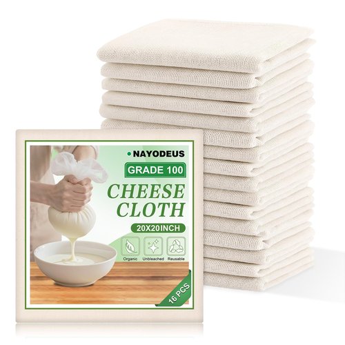 16PCS Cheese Cloths, 20 x 20 inch, Grade 100, Overlocked Edges, Ready to Use, Muslin Cheesecloth for Straining and Cooking,100% Unbleached Cotton, Reusable.