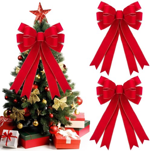 2 Pcs Red Christmas Bows Outdoor Decorations - 16”x24” Large Christmas Tree Topper Bow, Velvet Wreath Bow with Glitter Gold Edge for Xmas Home Front Door Decor