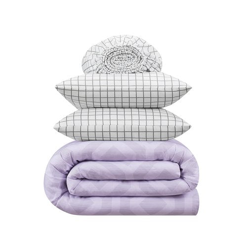 Serta Simply Clean Skyler Soft 5 Piece Geometric Bed in A Bag Complete Bedding Comforter Set with Sheets and Pillow Case for All Season, Twin/Twin XL, Lavender