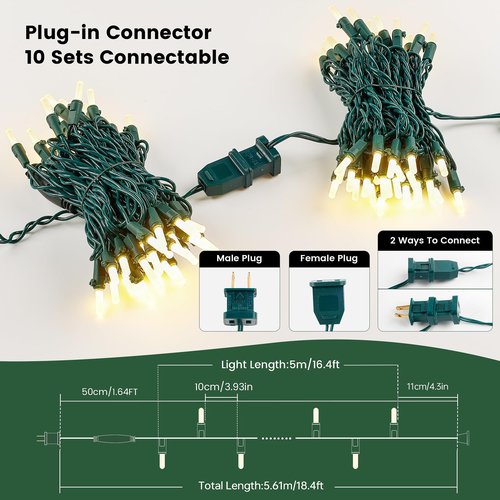 Hopolon Warm White Christmas Lights, 16.4ft 50LED Waterproof Christmas Tree String Lights Indoor with Green Wire,Connectable Mini Light Xmas Light for Outdoor Home,Festival,Party,Holiday Decor