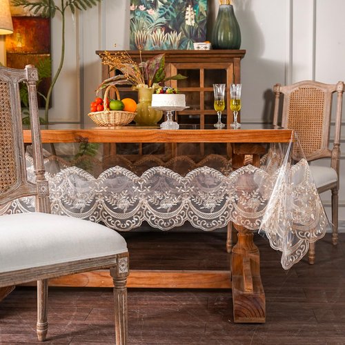ARTABLE Vinyl PVC Rectangle Tablecloth Waterproof Clear Table Cover with Champagne Lace Macrame Border for Wedding Kitchen Home Outdoor Indoor Holidays Party Decor (Champagne-1, 60 x 104 Inch)