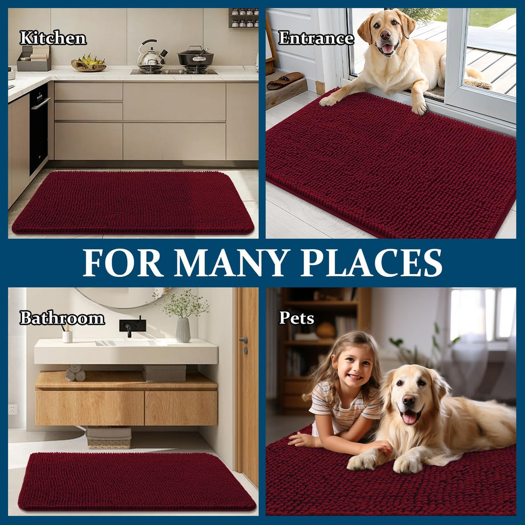 OLANLY Dog Door Mat - Absorbent Non-Slip Chenille Mud Mat for Muddy Paws | 50x30, Burgundy