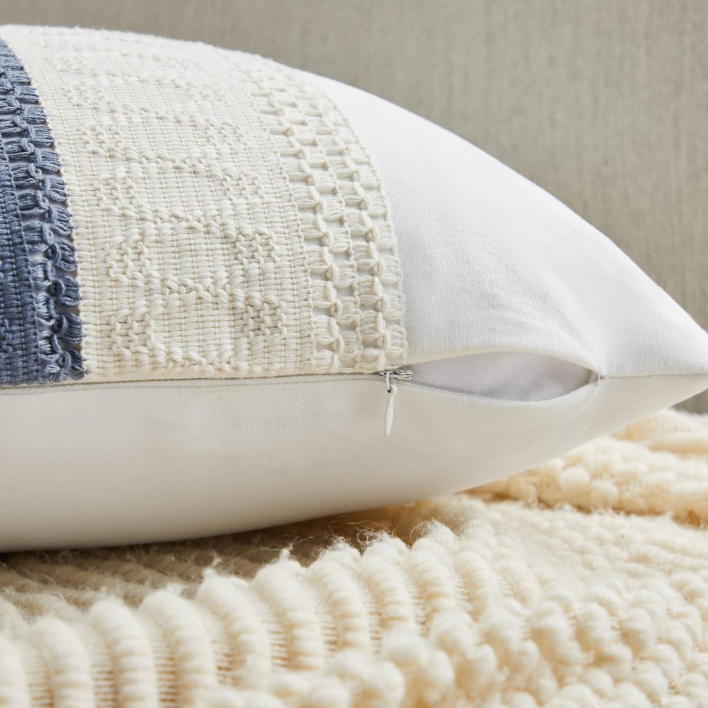 YZJZEDS Soft Cotton Boho Throw Pillow Covers Set of 2, Natural White/Contrast Blue 18x18 Inch, Blue Farmhouse Decorative Cushion Covers for Sofa Bed Living Room Home Decor