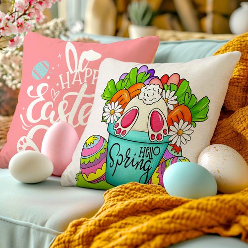 Easter Pillow Covers 18x18 Set of 4 Easter Eggs Decorations Stripe Hello Peeps Bunny Hip HopTruck Throw Pillows Cases Spring Farmhouse Party Decor