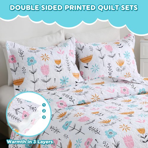 Girls Pink Floral Quilt Set Twin Size Kids Bedding Sets Lightweight Summer Bedspread Soft Microfiber Breathable Bed Comforter All-Season