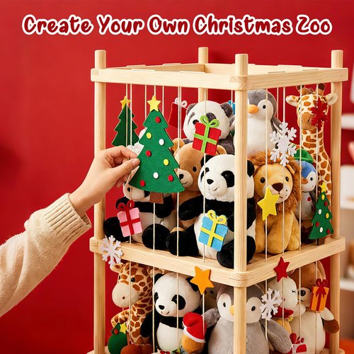 Subbox Stuffed Animal Storage and Holder - Large Size Wooden Animals Zoo Toy Organizer with Elastic Bands, Swivel Wheels and Castle Stickers, For Toddler Rooms, Playrooms, Bedrooms(58x16x16inch)