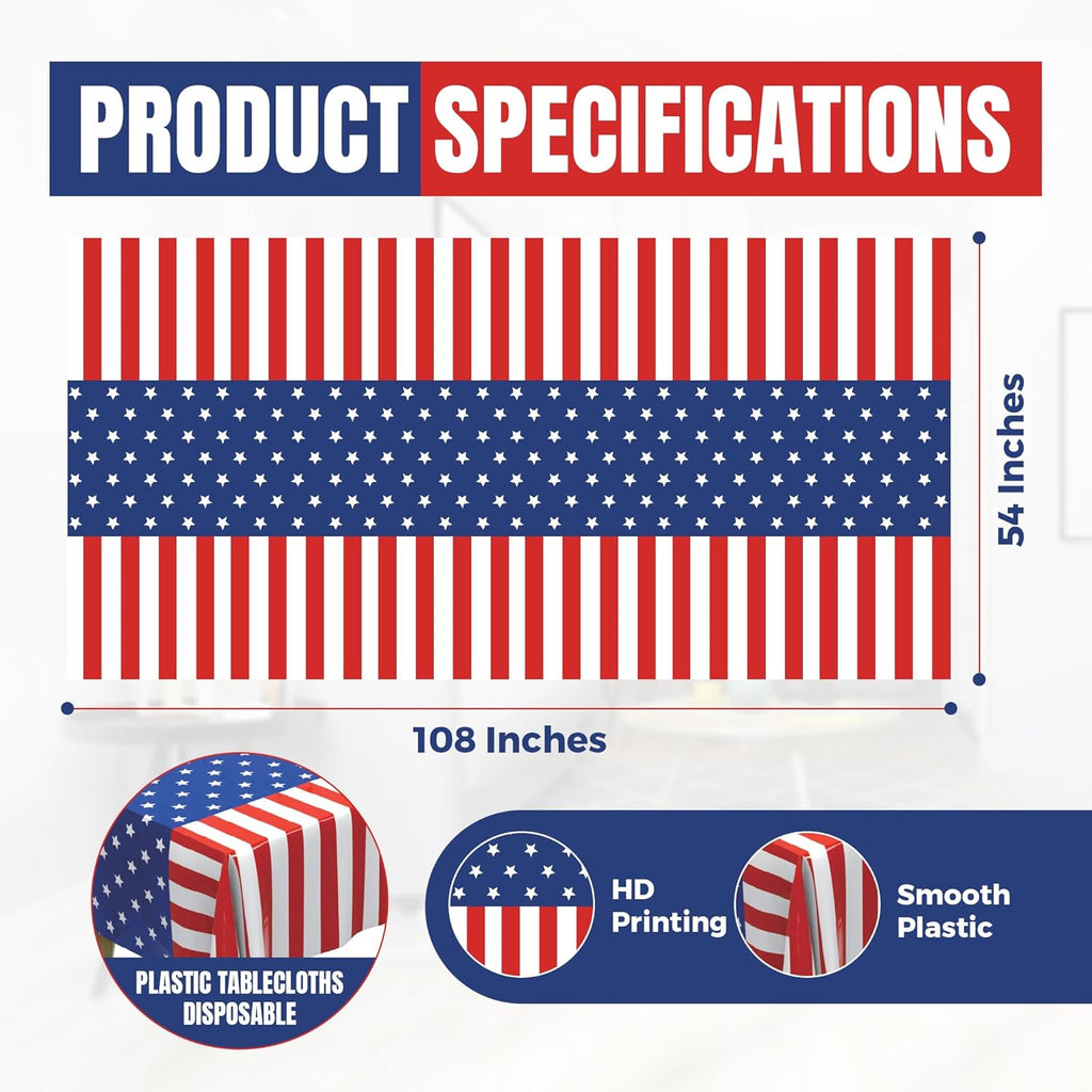 USA Flag Premium Plastic Tablecloth - 5 Pack | 108 x 54 in. Disposable Rectangle for July 4th Parties