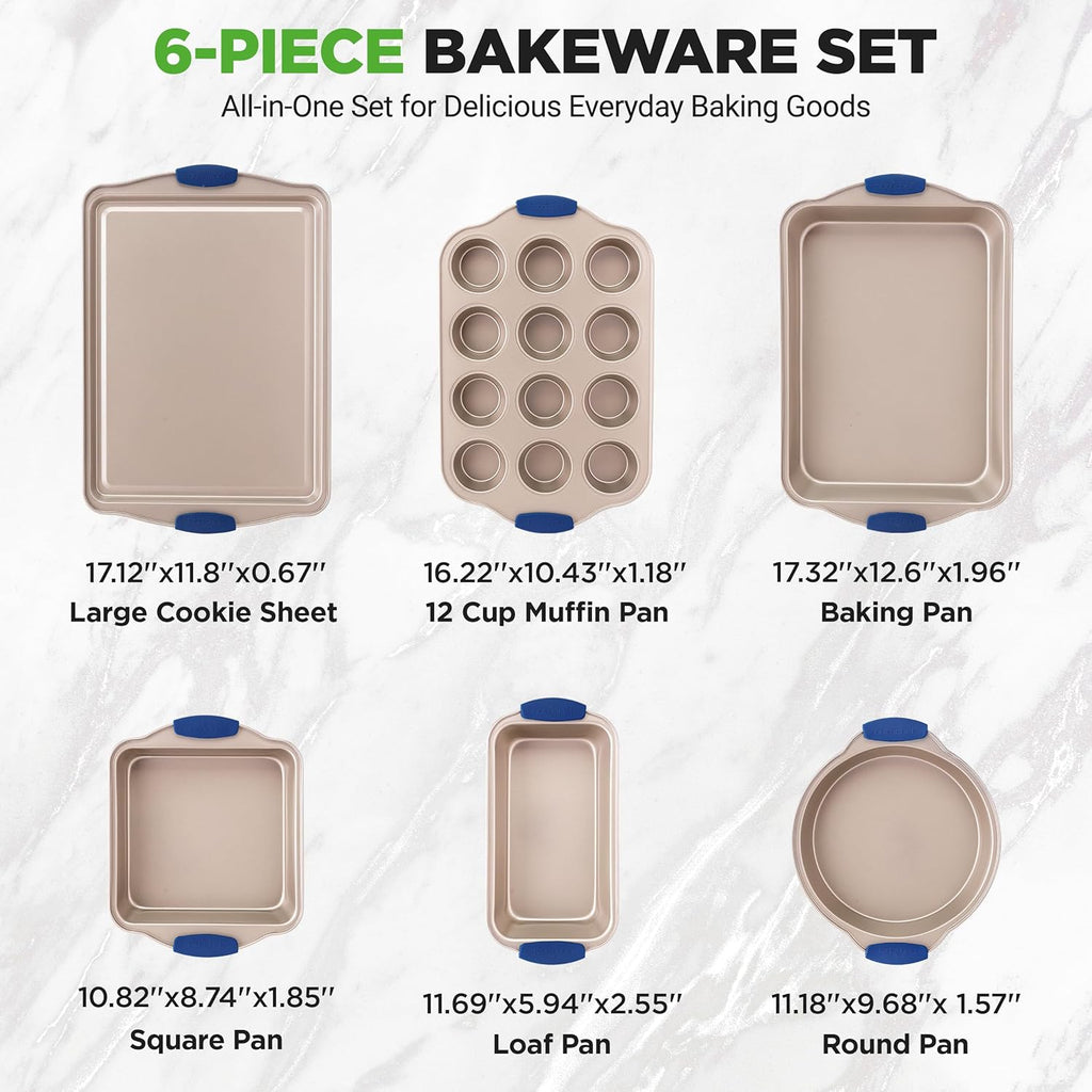 NutriChef 6-Piece Nonstick Bakeware Set | Premium Carbon Steel Baking Trays with Silicone Handles - Includes Loaf Pan, Muffin Pan, Round & Square Roasters, Cookie Sheet