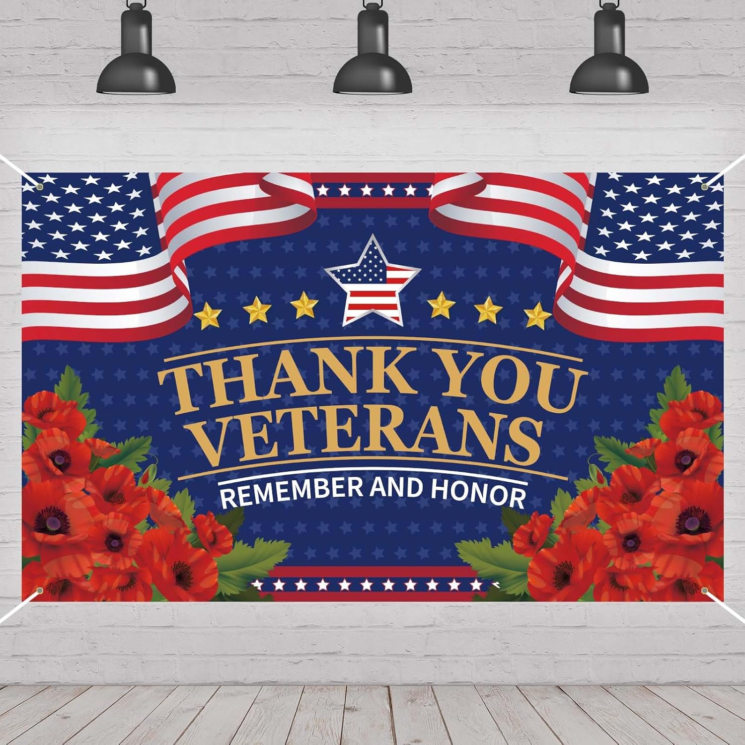Red Poppies Veterans Day Banner - Thank You Veterans Decorations | 4th of July Patriotic Backdrop