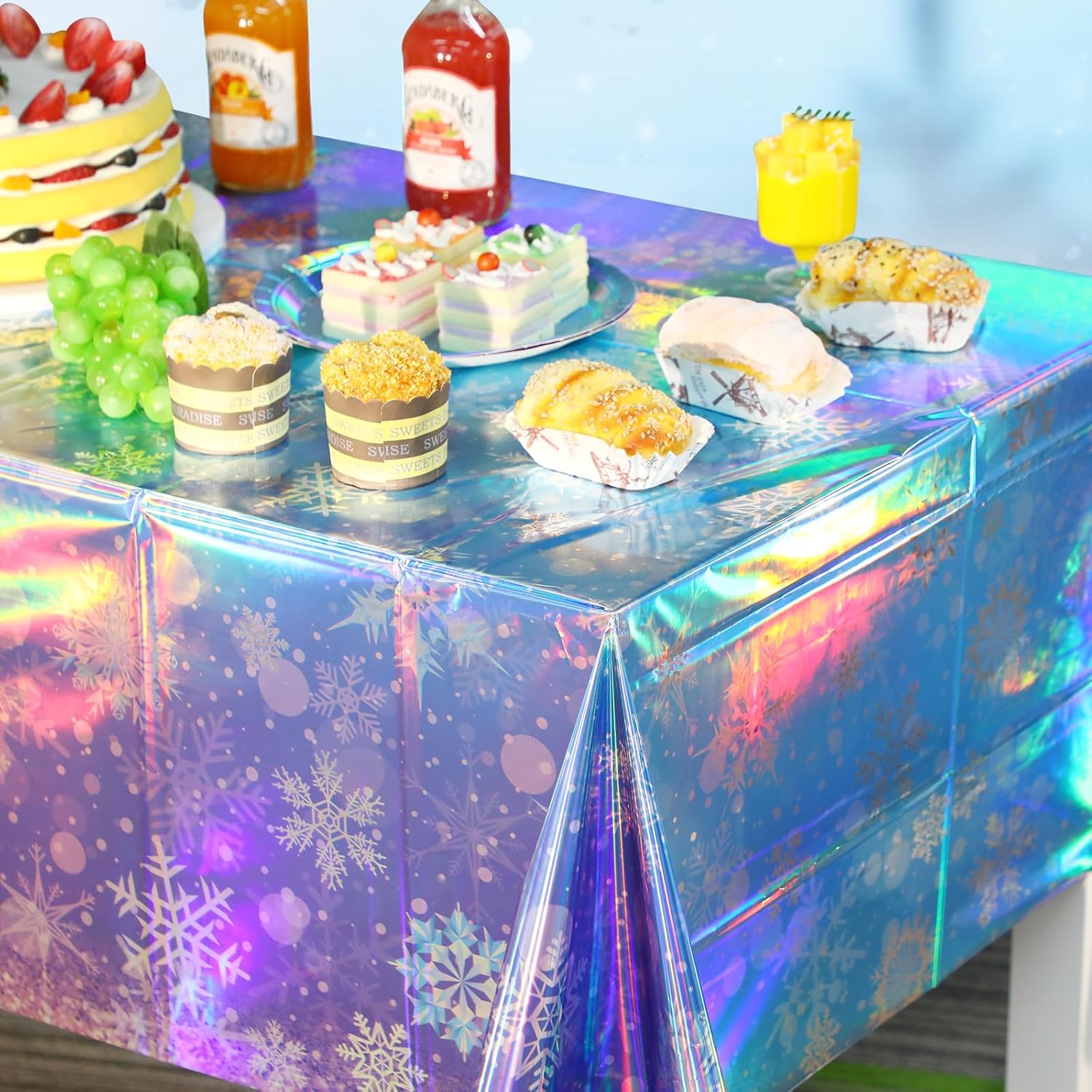 Skiennix Iridescent Snowflake Tablecloth - Holographic Blue & Purple | 54x108 Inch Disposable Cover