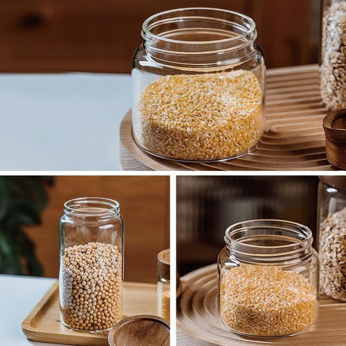 MOLADRI 3 Pack 17 fl oz/500ml Clear Glass Storage Canister with Airtight Wooden Screw On Lid, Small Cute Decorative Glass Container Jar Set for Coffee, Candy, Cookie, Condiment, Pepper, Sugar, Oatmeal