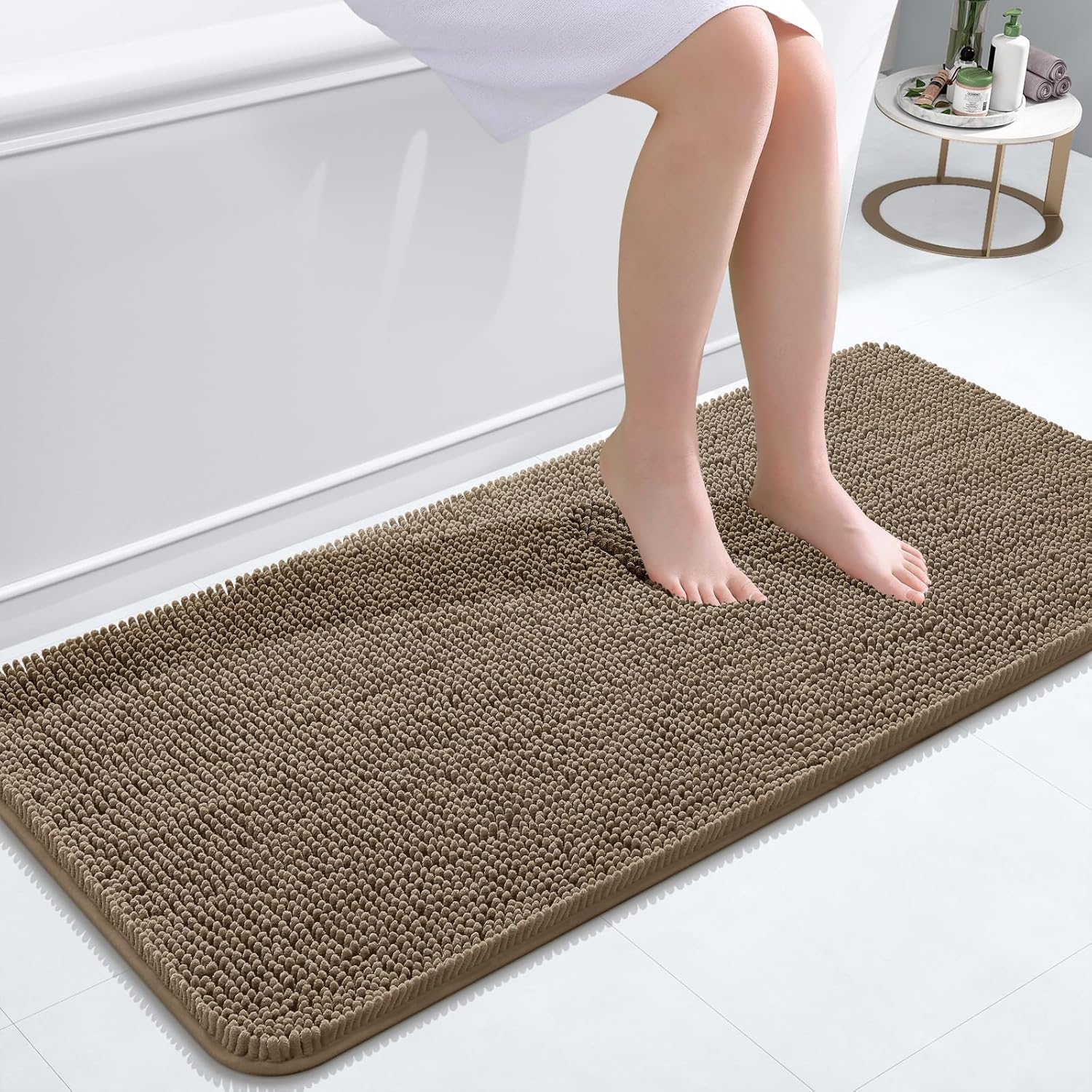 OLANLY Bathroom Runner Rugs - Extra Soft Chenille Bath Mats | Quick-Dry, Machine Washable, 47x20, Tan