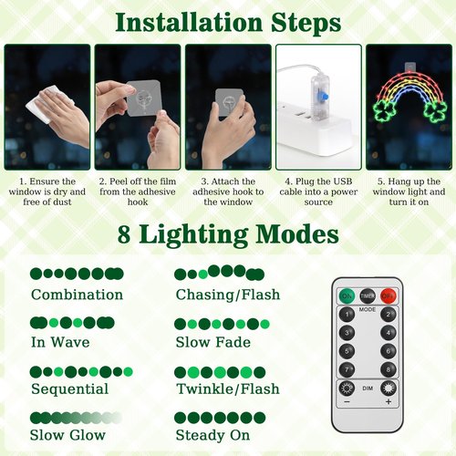 Lewondr St Patricks Day Decorations, 68LEDs Rainbow Window Lights USB Operated with Remote 8 Modes, St Patricks Day Party Decor Silhouette Lights, 1 Pack