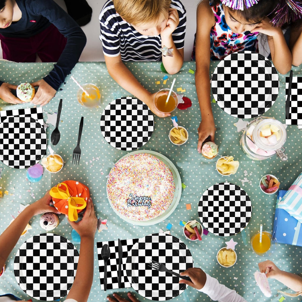 Oigco 168 PCS Race Car Birthday Party Decorations with Checkered Flag Plates, Cups, Napkins, Cutlery for Cars Birthday Decorations, Serves 24