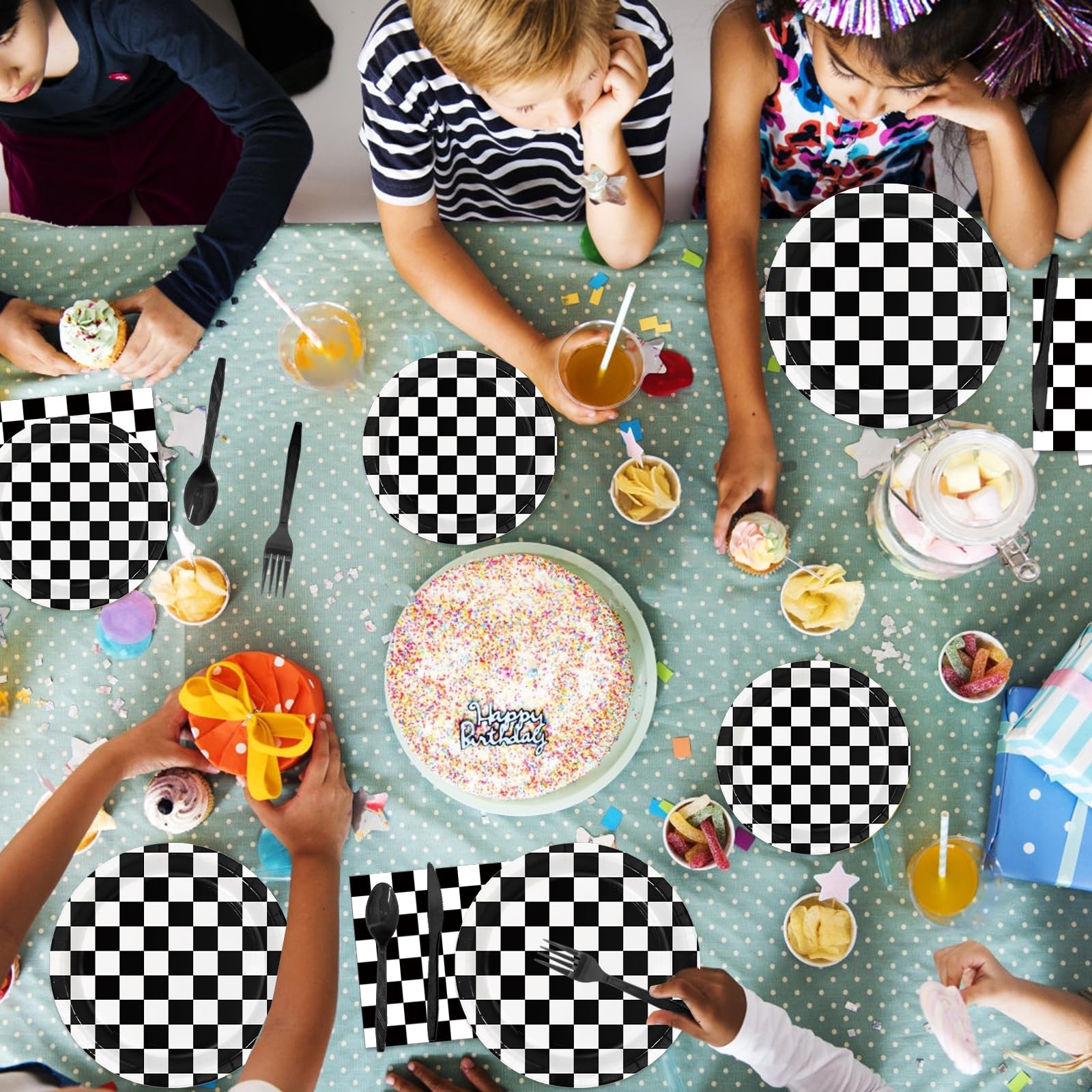 Oigco 168 PCS Race Car Birthday Party Decorations with Checkered Flag Plates, Cups, Napkins, Cutlery for Cars Birthday Decorations, Serves 24