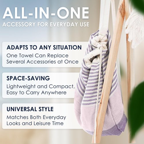 ATANI Turkish Beach Towel (71x39 Inches), Converts to a Bag, Oversized 100% Cotton Bath Towels Lightweight Quick-Dry Beach Blanket for Travel, Picnic, Camping, Yoga and Pool (Lavender)