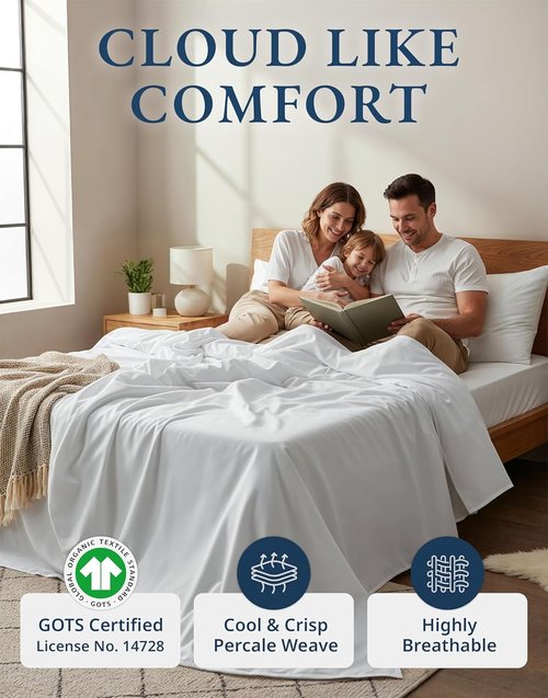 **LANE LINEN Eco-Friendly 100% Organic Cotton Queen Sheet Set - Soft, Comfy & Naturally Cooling, White**