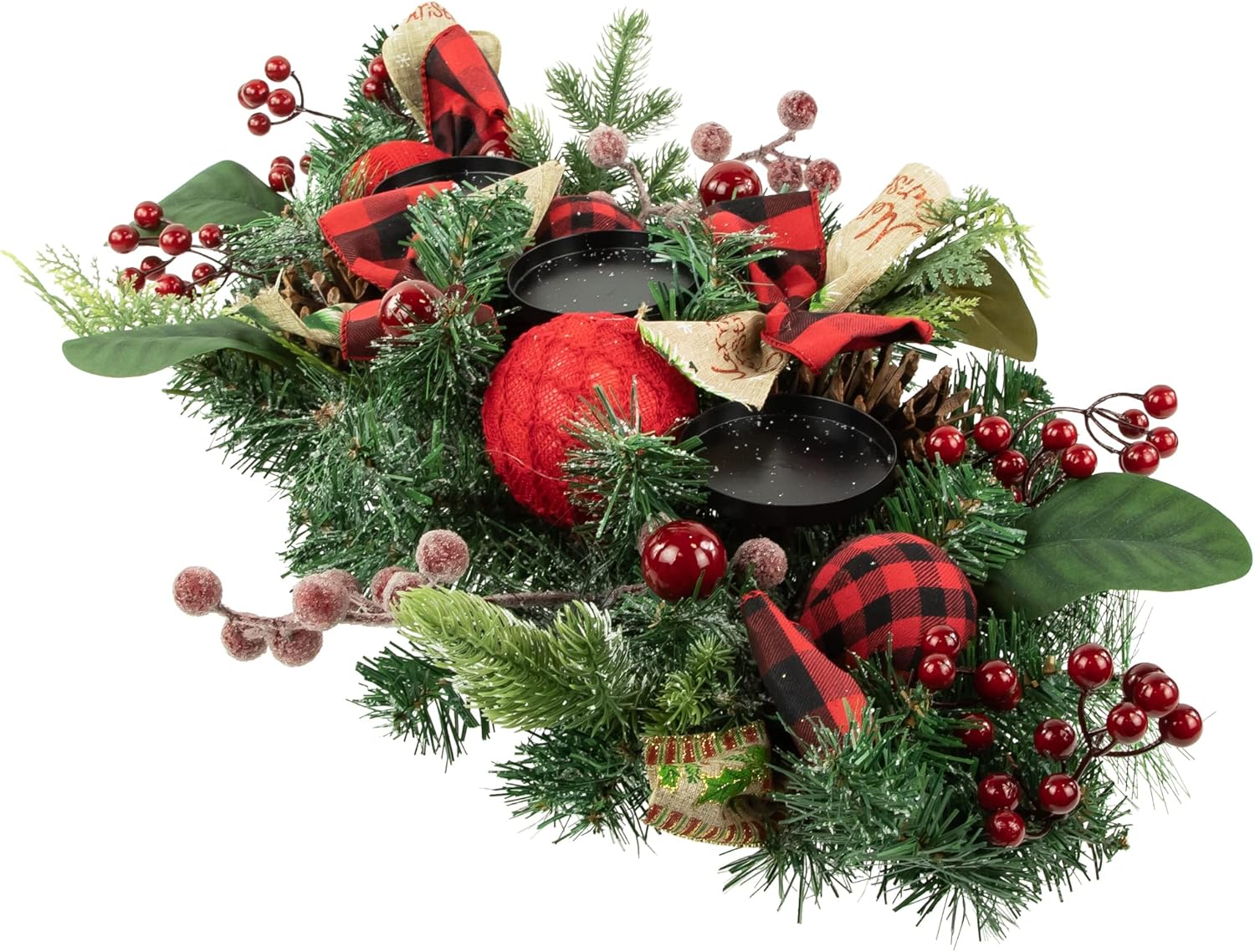 Northlight Pine Triple Candle Holder - Festive Bows & Plaid Ornaments | 30" Green Decor