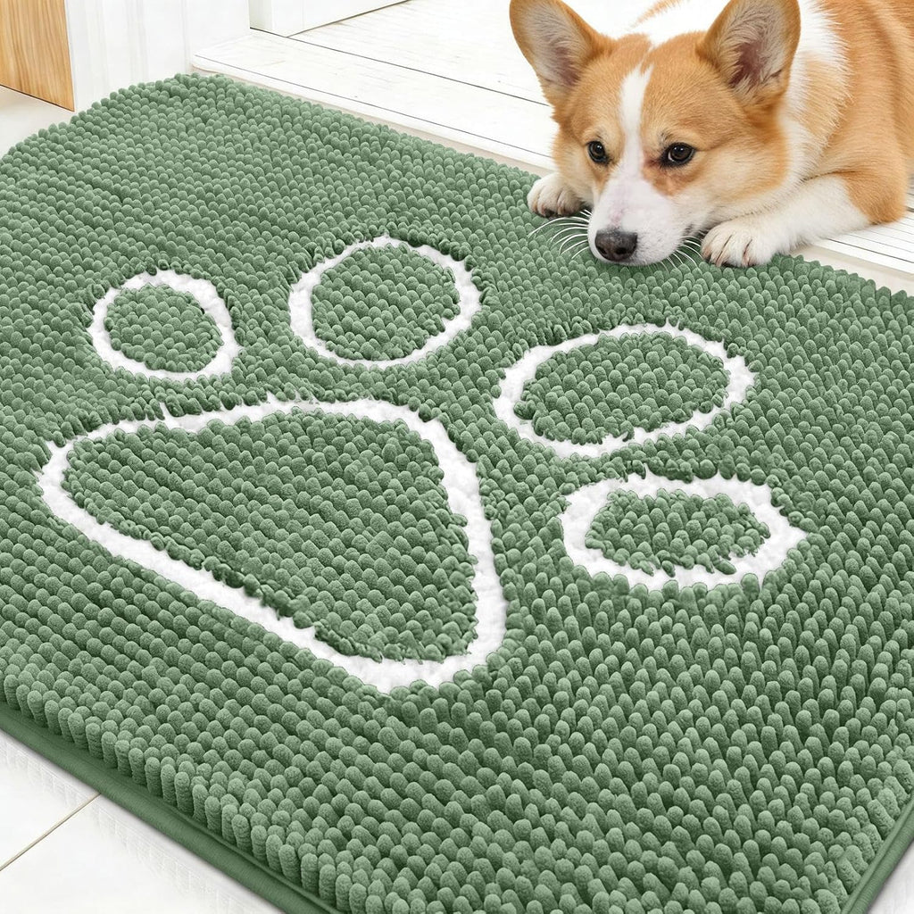 OLANLY Dog Door Mat - Muddy Paws Absorbent Doormat | Non-Slip Chenille, 30x20, Olive Green & White