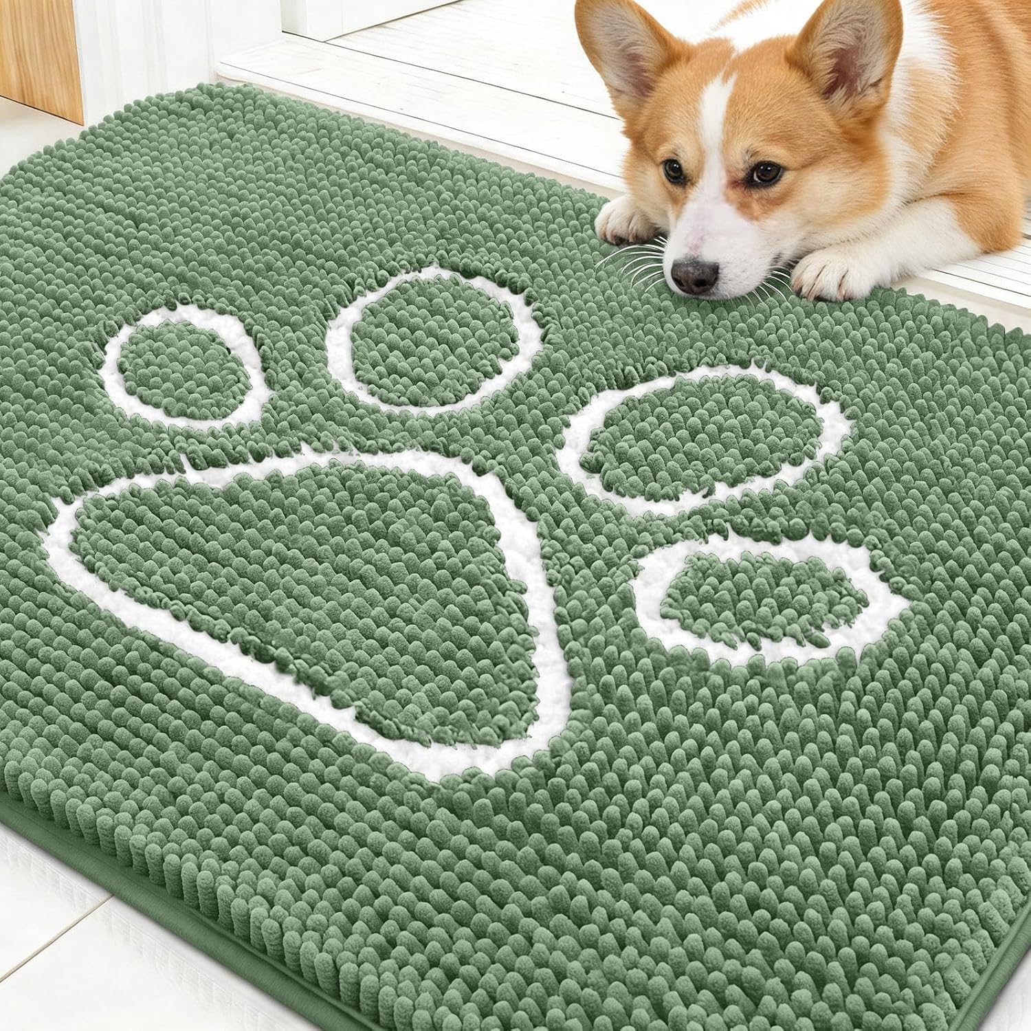 OLANLY Dog Door Mat - Muddy Paws Absorbent Doormat | Non-Slip Chenille, 30x20, Olive Green & White
