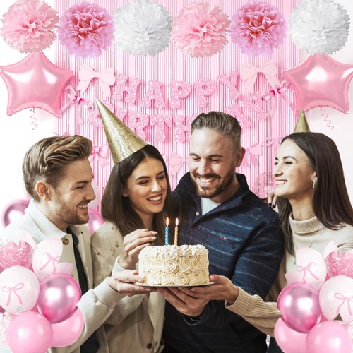 Pink Bow Birthday Party Supplies,Coquette Birthday Decorations,Include Pink and White Bow Balloons Happy Birthday Banner Fringe Curtain Tissue Paper Pompoms Garland