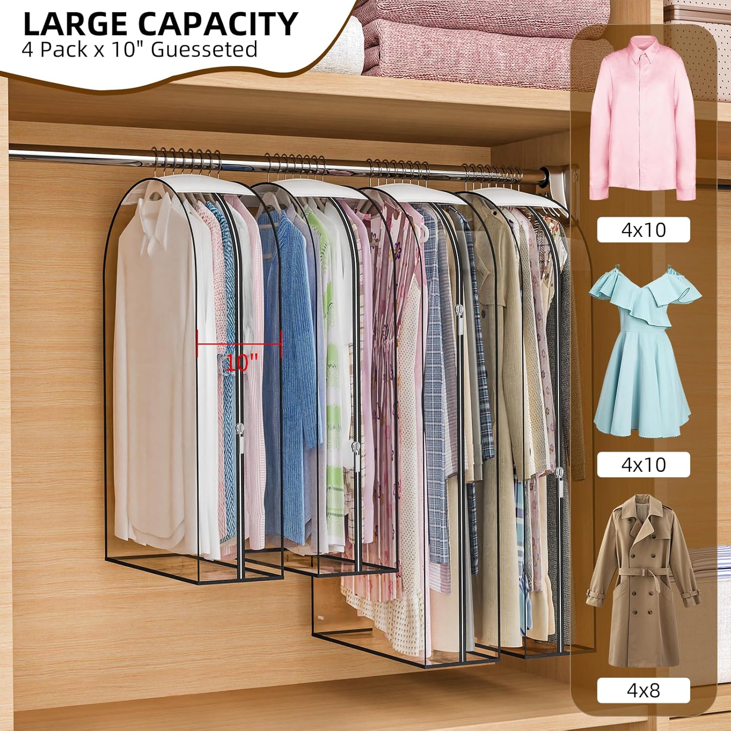 Skiennix Thickened Clear Garment Bags - 4 Pack Hanging Clothes Storage (40 & 50 Inch) | 10" Gusseted Design for Shirts, Coats, Dresses