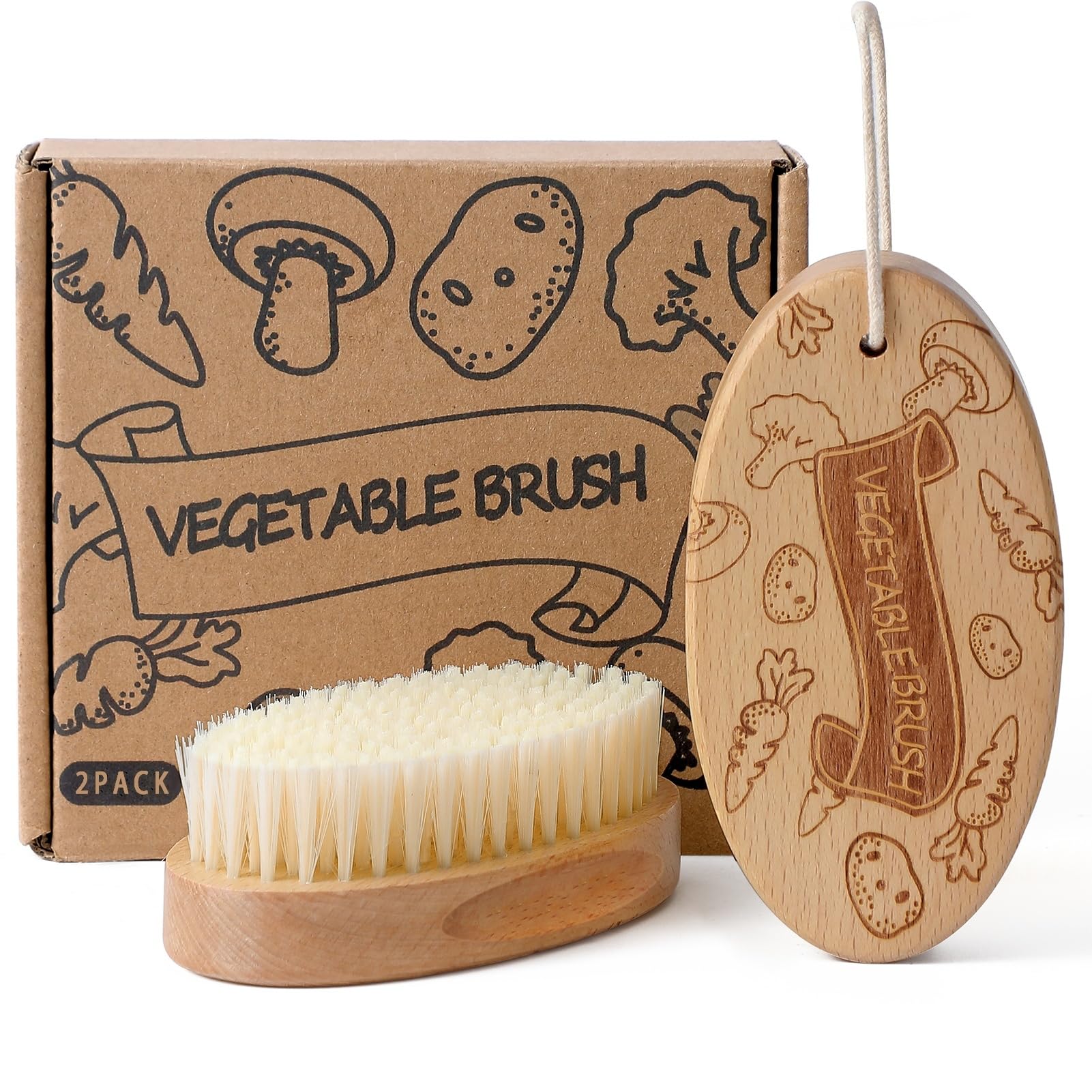 Wooden Vegetable Brush Scrubber for Food, Cute Potato Brush Scrubber with Hanging Rope, Natural-Wood Kitchen Veggie Scrubber Cleaning Potatoes, Carrots, Mushroom, Fruits (2)