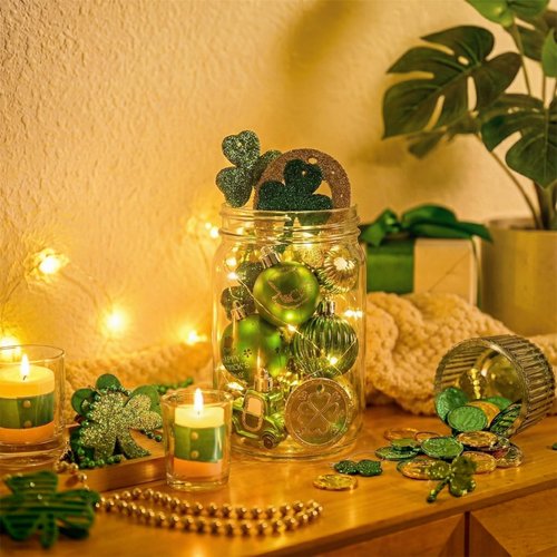 DecorbyHannah St Patricks Day Decorations Shamrock Irish Tree Ornaments Set, 18ct Green Gold St. Patrick's Day Shatterproof Good Luck Clover Hanging Horseshoe Truck Ornament for Christmas Party Spring