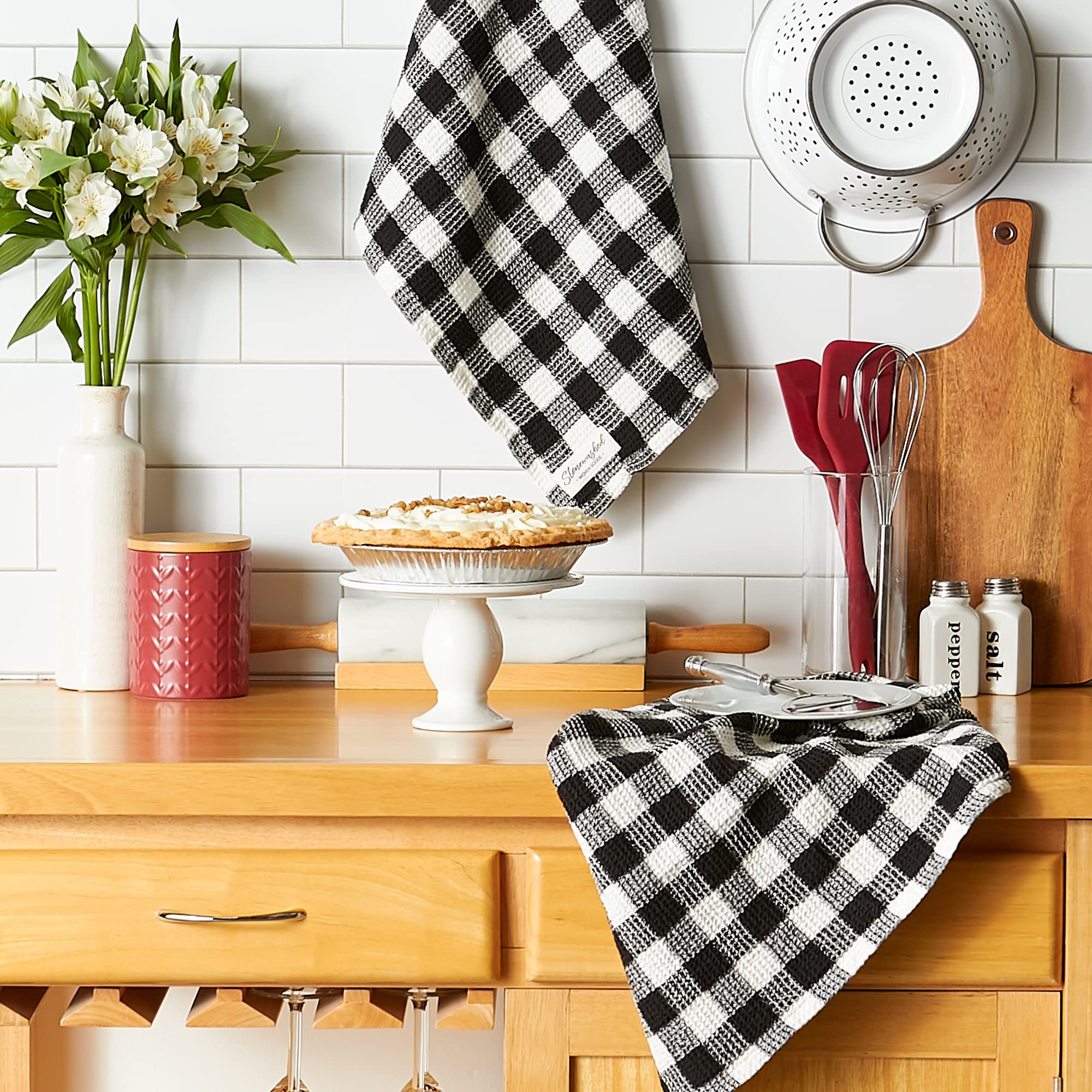 DII Washed Waffle Weave Collection, Dishtowel Set, 18x28, Dusty Blue Check, 2 Piece