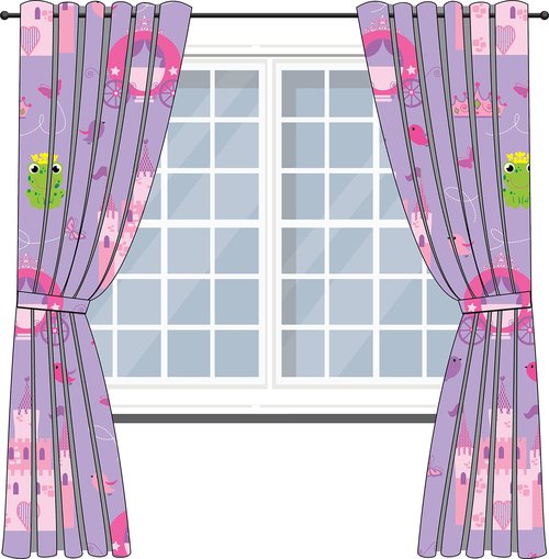 Pink Princess Drapes for Girls Bedroom Castles, Frogs and Chariots; 4-Pc Princess-Themed Kid Curtains with 2 Panels 82" x 63" Total Size and 2 Tiebacks; Fairyland Classroom and Nursery Curtains
