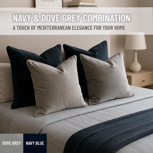 Blau Marité 2 Pack Velvet Decorative Throw Pillow Covers, 20"x20", Navy Blue and Grey, Solid, Modern, Contrast Piping, Indoor Use, Bedroom & Living Room