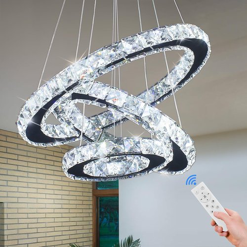 xychfantligh Modern Dimmable LED Chandelier 3 Rings Crystal Chandelier with Remote Stainless Steel Adjustable Pendant Light for Living Dining Room Bedroom