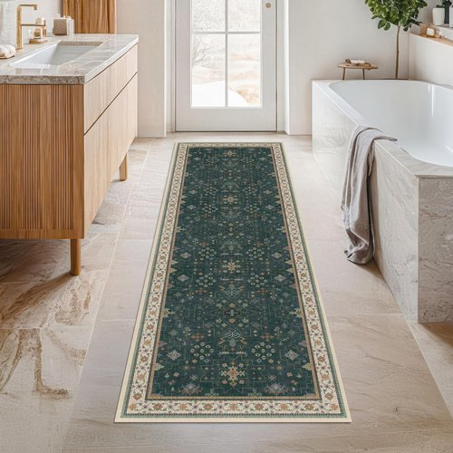 Hazo Haus Dark Green Kitchen Runner Rug - Modern Vintage Boho Floral Pattern | Washable Non-Slip 2x8 ft