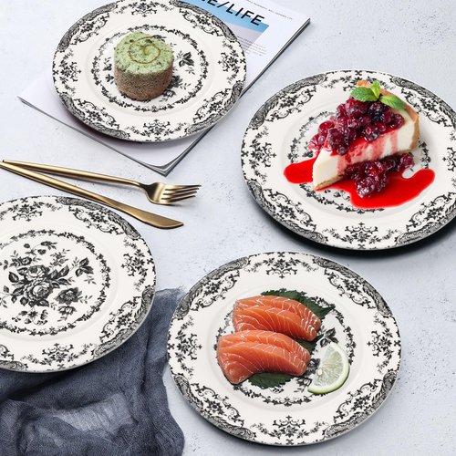 HomeElves Dinner Plates Set of 6, Ceramic Kitchen Plates Microwave Safe Plates, 10.5 Inch Porcelain Dinner Plates Floral, Black