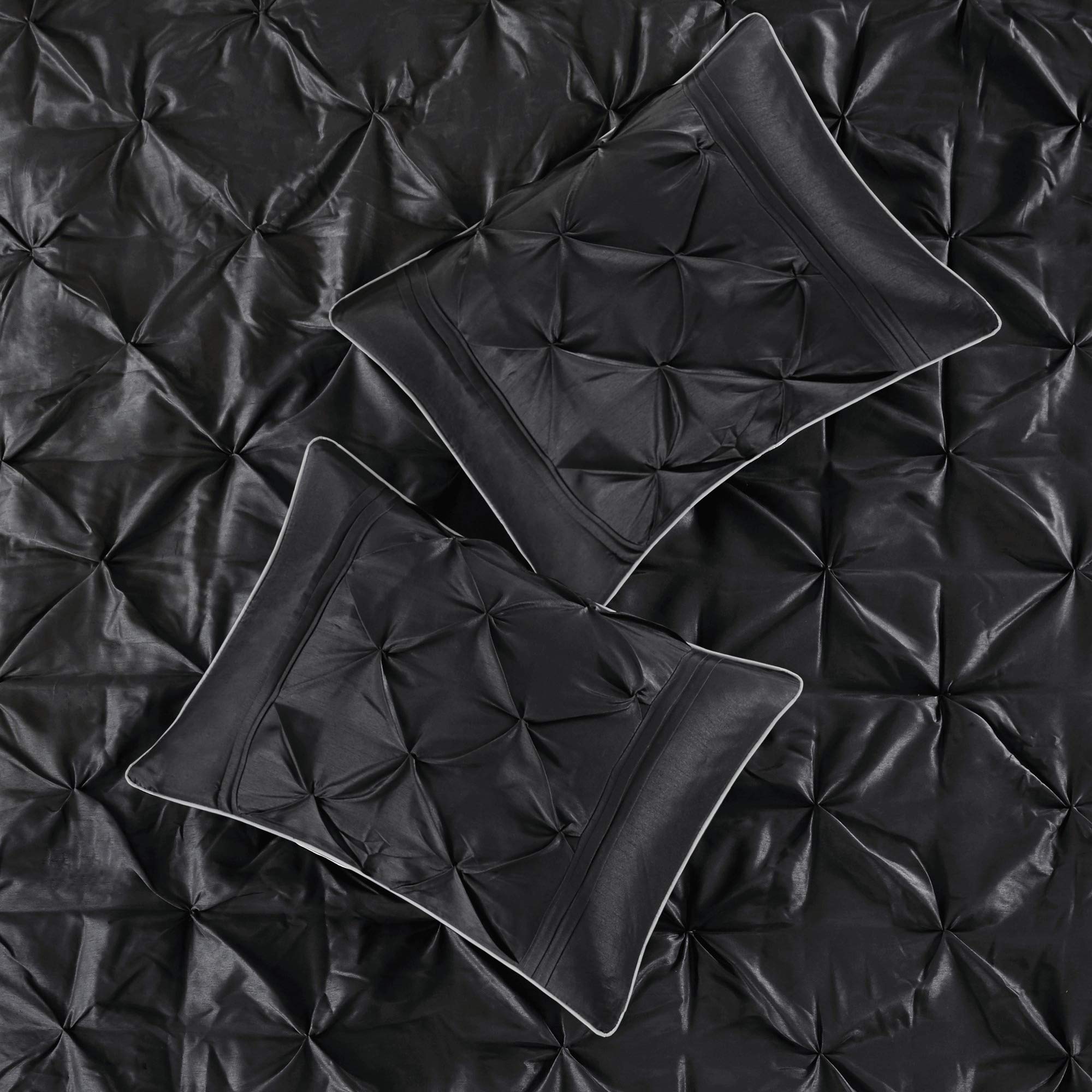 Madison Park Laurel Queen Size Bed Comforter Set Bed In A Bag - Black , Wrinkle Tufted Pleated – 7 Pieces Bedding Sets – Faux Silk Bedroom Comforters